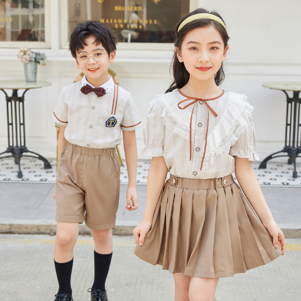 HT054-2209 – Summer Woven British-Style Short-Sleeve Shirt with T/R Skirt/Shorts Set