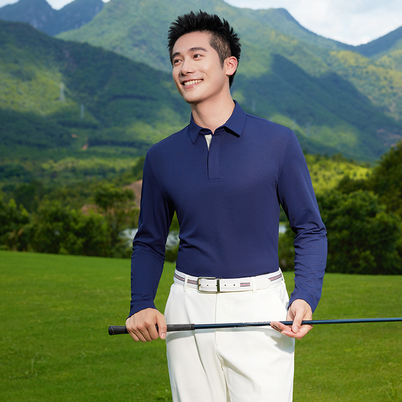 HT042-039 Golf-style concealed-placket jacquard double-layer collar long-sleeve polo