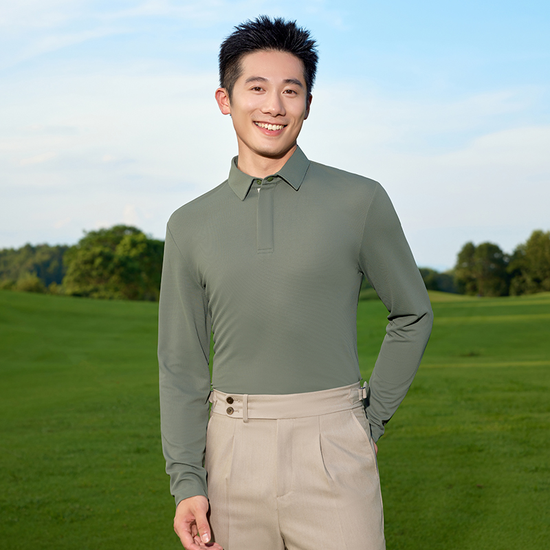HT042-039 Golf-style concealed-placket jacquard double-layer collar long-sleeve polo