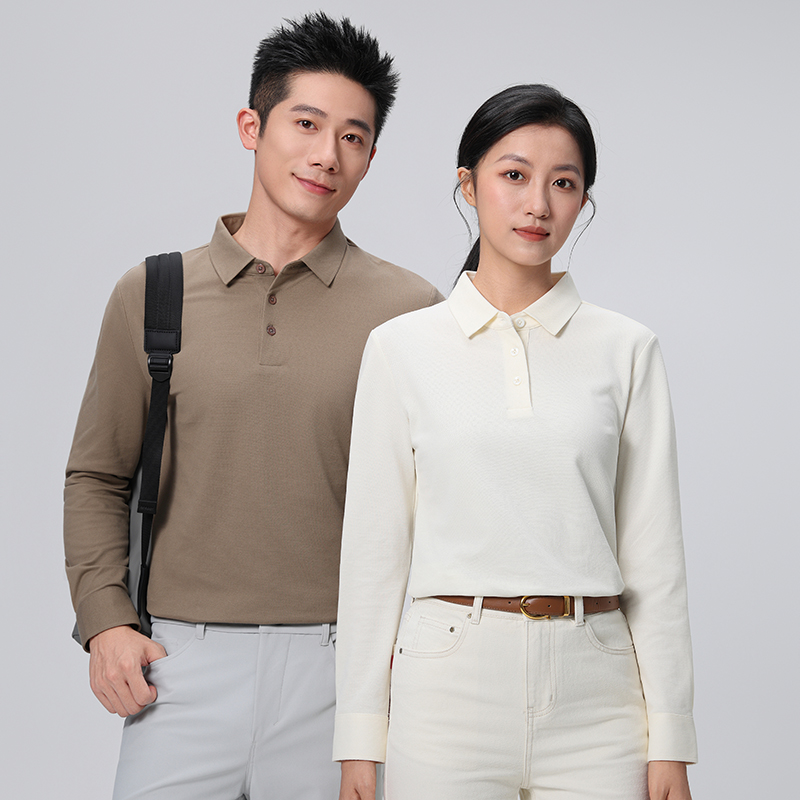 HT042-040 Premium 50S long-staple cotton colour?matched button, offset placket, taped double-layer collar long-sleeve polo