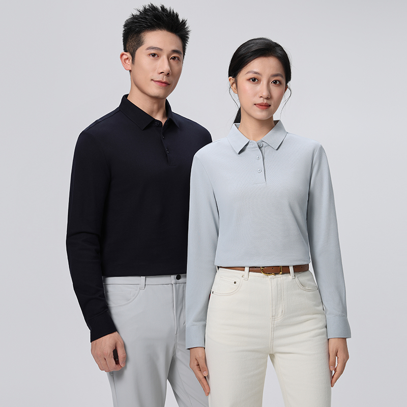 HT042-040 Premium 50S long-staple cotton colour?matched button, offset placket, taped double-layer collar long-sleeve polo