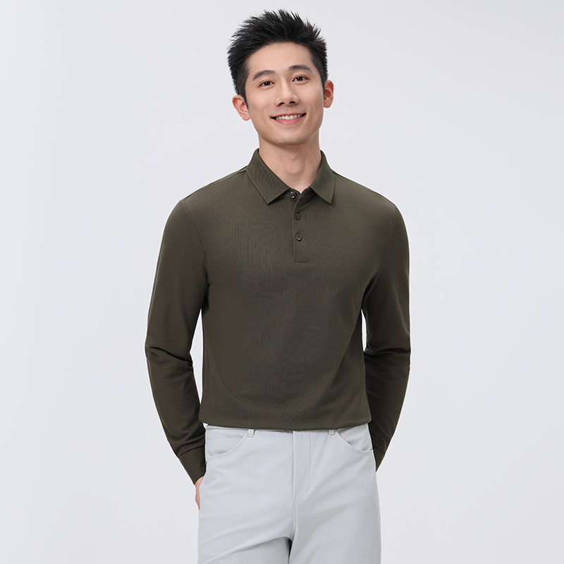 HT042-040 Premium 50S long-staple cotton colour?matched button, offset placket, taped double-layer collar long-sleeve polo
