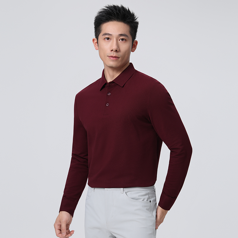 HT042-040 Premium 50S long-staple cotton colour?matched button, offset placket, taped double-layer collar long-sleeve polo