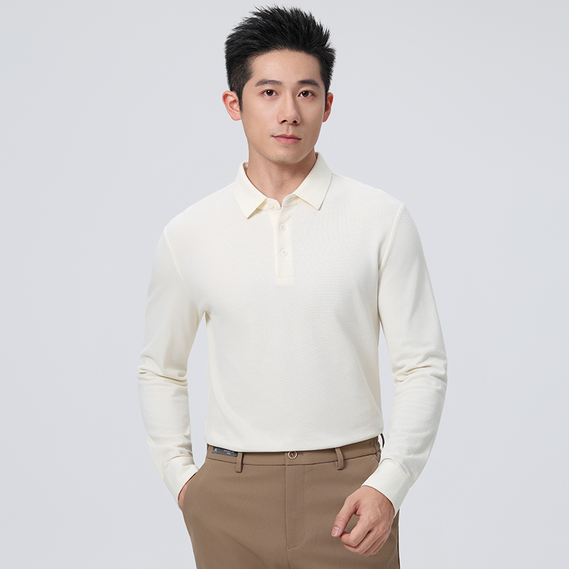 HT042-040 Premium 50S long-staple cotton colour?matched button, offset placket, taped double-layer collar long-sleeve polo