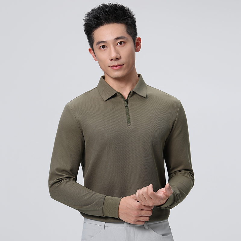 HT042-041 Premium heavy-weight 240g reverse?piqué taped zipper?front long-sleeve polo with polo collar