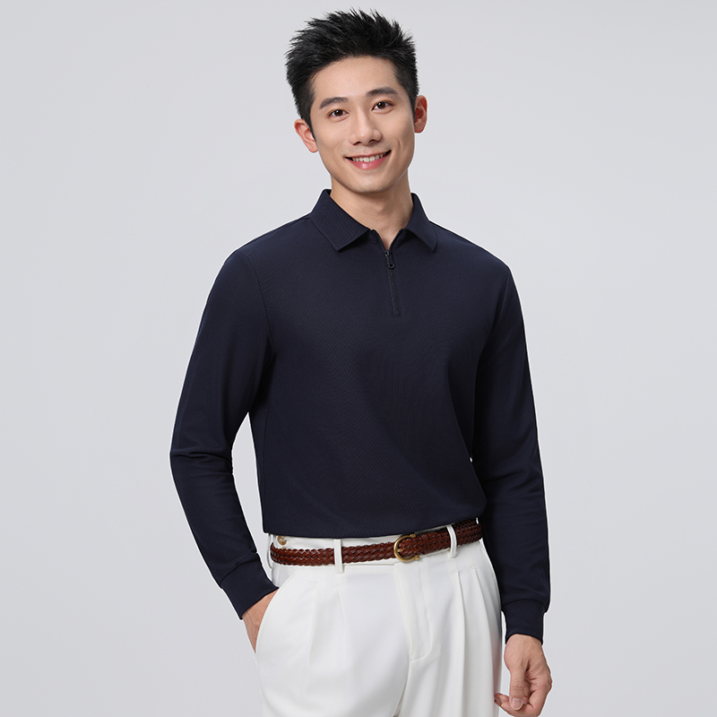 HT042-041 Premium heavy-weight 240g reverse?piqué taped zipper?front long-sleeve polo with polo collar