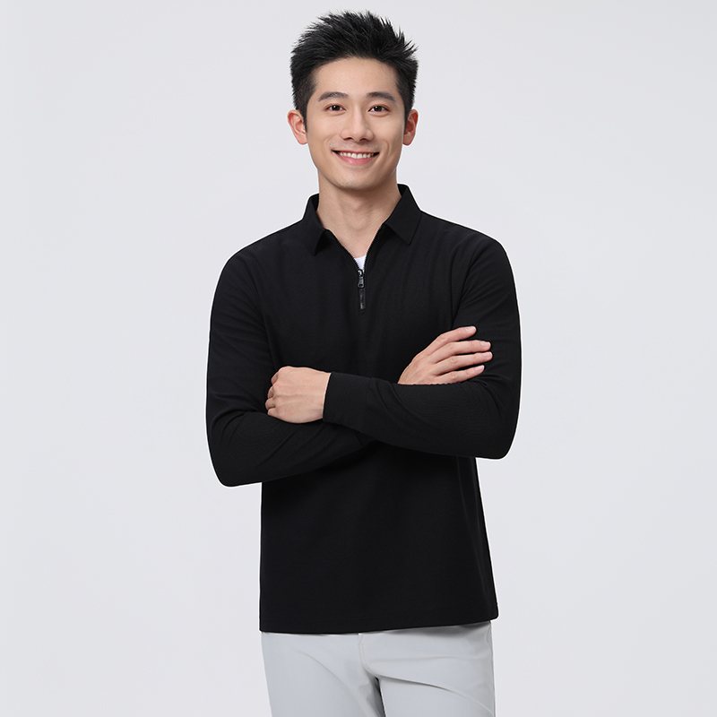 HT042-041 Premium heavy-weight 240g reverse?piqué taped zipper?front long-sleeve polo with polo collar