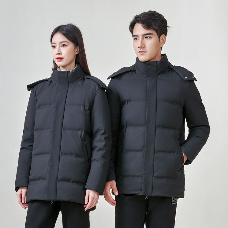HT010-001 Unisex black/grey milk?silk graphene self?heating seam?sealed waterproof anti?static detachable?hood 90% white duck down jacket
