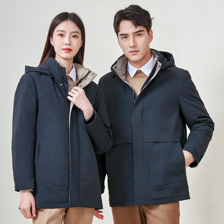 HT010-002 Unisex black/navy graphene self?heating seam?sealed waterproof anti?static with detachable inner liner 90% white goose down jacket