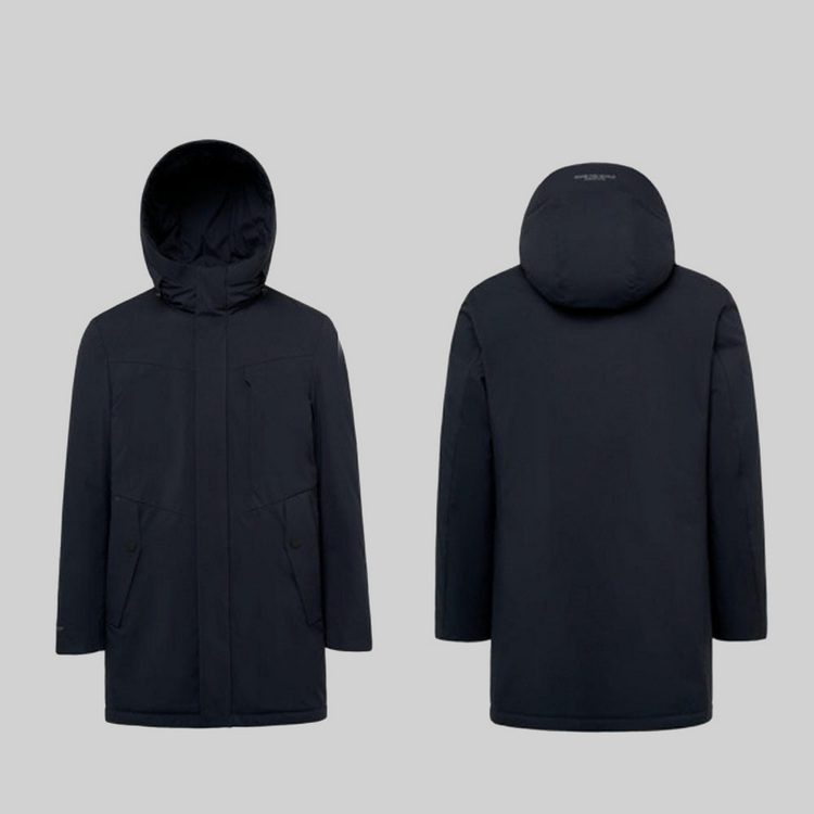 HT010-005 Unisex navy business?leisure cold?proof waterproof anti?static with windproof waist drawstring and detachable hood 90% white duck down jacket