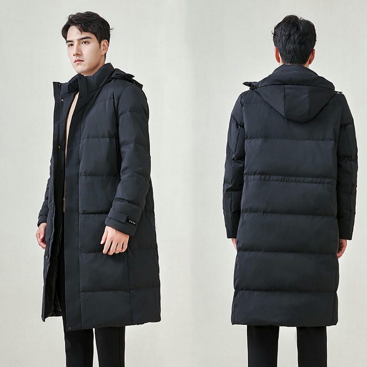 HT010-006 Unisex black business?leisure cold?proof waterproof anti?static below?knee extra?long style with detachable hood and adjustable waist drawstring 90% white duck down jacket
