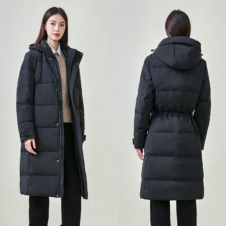 HT010-006 Unisex black business?leisure cold?proof waterproof anti?static below?knee extra?long style with detachable hood and adjustable waist drawstring 90% white duck down jacket