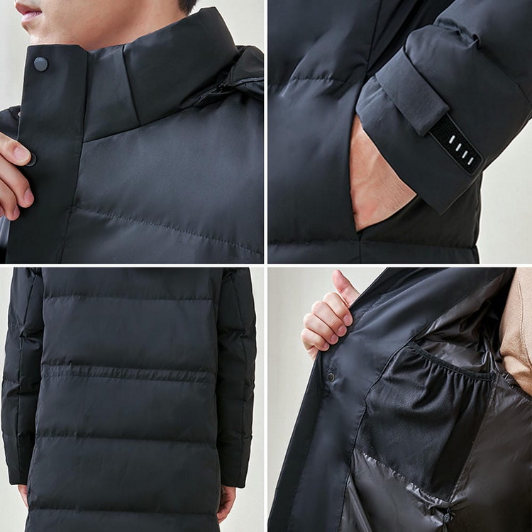 HT010-006 Unisex black business?leisure cold?proof waterproof anti?static below?knee extra?long style with detachable hood and adjustable waist drawstring 90% white duck down jacket