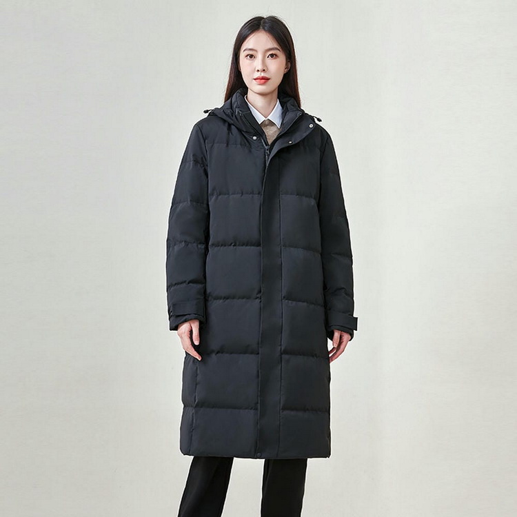 HT010-006 Unisex black business?leisure cold?proof waterproof anti?static below?knee extra?long style with detachable hood and adjustable waist drawstring 90% white duck down jacket