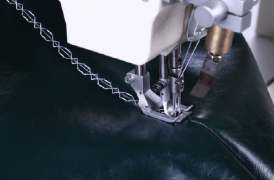 Program control, post bed, double needle, rotary needle bar, compound feed sewing machine